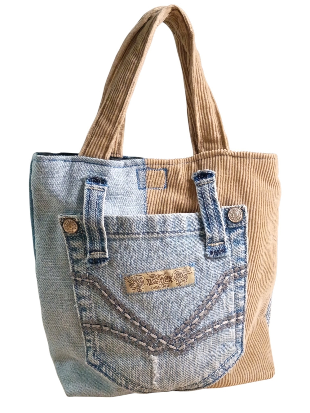 Upcycled Denim & Tan Cord Mini Tote Bag - Vintage-Inspired Casual Handmade